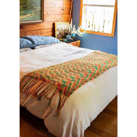 Vintage fringed crochet afghan, 70s orange! 69x27, Lap blanket, indie boho home - Picture 1 of 8